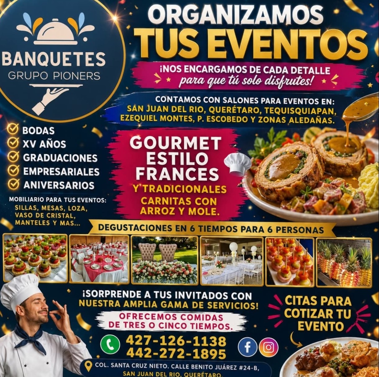 Información de Banquetes Grupo Pioner's para organización de eventos